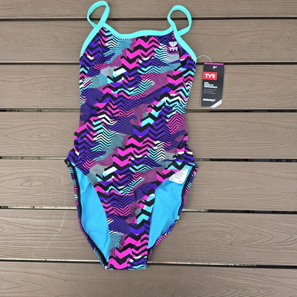 TYR Durafast Elite Youth Girls Teramo Geometric Trinityfit 1 PC Swim Sz 26 New